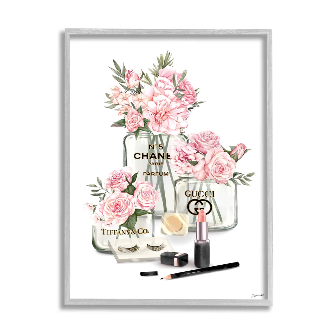 Stupell Industries Pink Rose Florals in Glam Fashion Jars Framed Wall Art